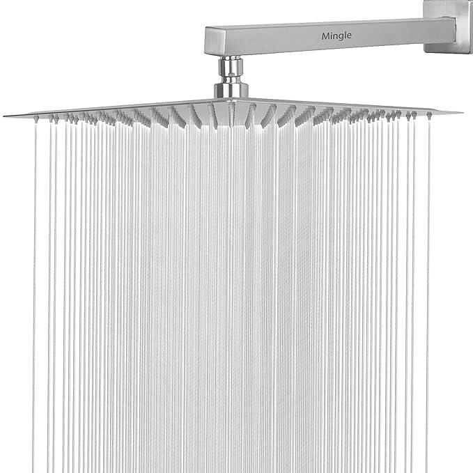 Mingle Mirror Stainless Steel 304 Round Ultra Slim High Pressure Rainfall Shower Head for bathroom With Shower Fit Arm 8X8 15 INCH ARM - Image 1