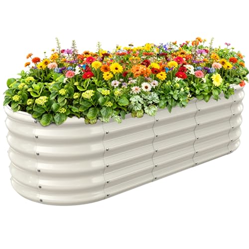 YSEJOMP 17" Tall Outdoor Garden Raised Garden Bed Kits, 5ft X 2ft Oval,0.8MM Thick Metal Raised Planter Bed/Ground Planter Box for Variety of Flowers,Herbs,Vegetables (Cream White, 60X24X16.5 Inches) - Image 1