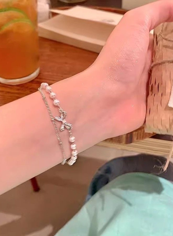 دايفو سوار لؤلؤي أنيق مزدوج الطبقات للنساء 925 مجوهرات حفلة يومية ذات طبقات دقيقة وكريستال لامع بفضة سترلينية - Image 4