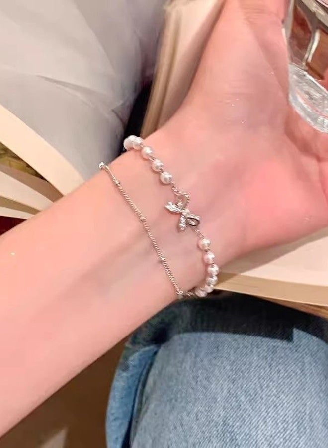 دايفو سوار لؤلؤي أنيق مزدوج الطبقات للنساء 925 مجوهرات حفلة يومية ذات طبقات دقيقة وكريستال لامع بفضة سترلينية - Image 2