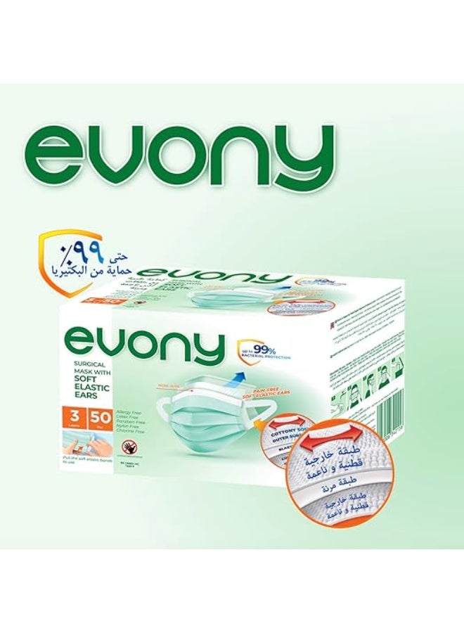 evony Premium Surgical Face Masks with Soft Elastic Ear Loops – Large Size for Enhanced Coverage – 3-Ply Protective Comfort – 50 Pieces Value Pack - Image 1