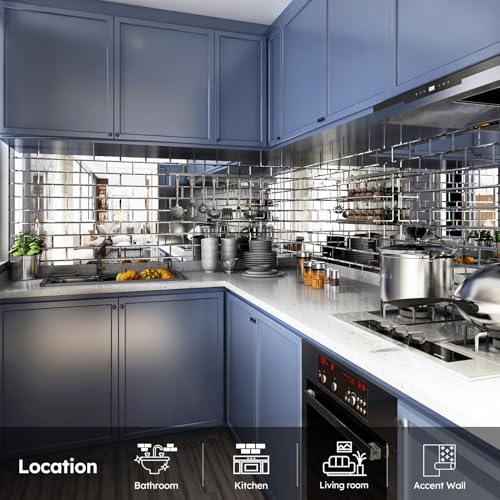 Diflart Peel and Stick Mirror Backsplash, Silver, 4x8 Inch, Beveled Mirror Subway Kitchen Bar Wall Tile (5.8 Sq.ft, 26 Pcs) - Image 2