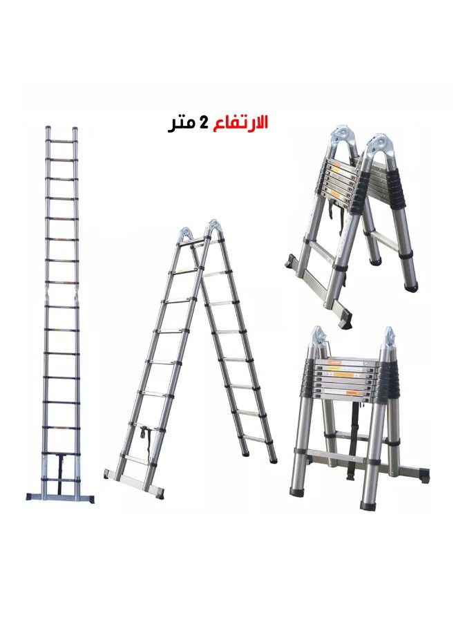 Telescopice folding double sided Aluminium Ladder 2 Meter silver - Image 1