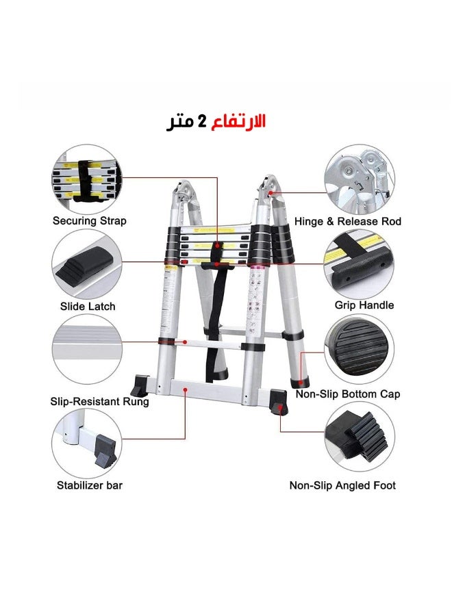 Telescopice folding double sided Aluminium Ladder 2 Meter silver - Image 2