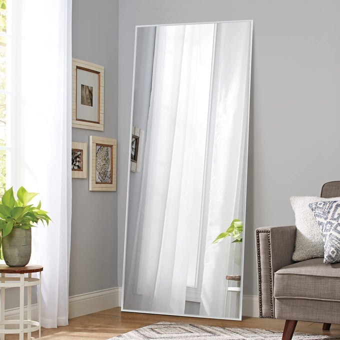 FULL LENGTH FLOOR MIRROR LARGE WALL OR STANDING MIRROR FOR HOME GYM BATHROOM BEDROOM METAL FRAME SILVER 71X32 NO STAND