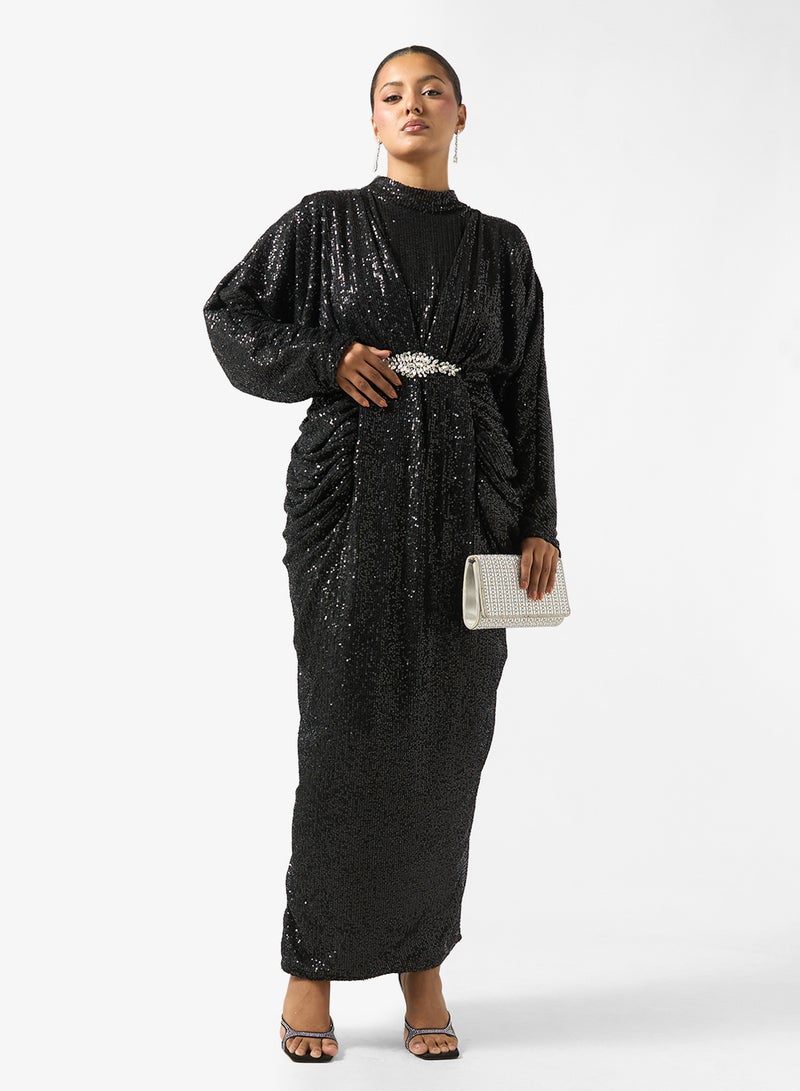 خزانة فستان مقاس كبير بياقة متدلية لامعة - Image 4