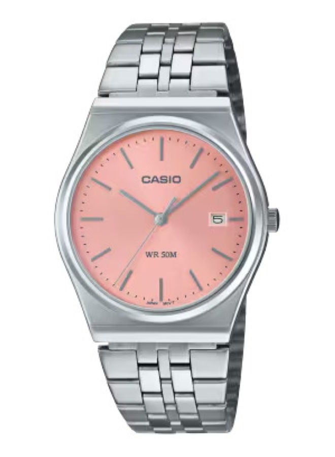 Casio MTP-B145D-4AVDF Analog Watch – Pink Dial, Date Display, Stainless Steel Band, Mineral Glass, 50M Water Resistant, Stylish Classic Watch for Daily Wear