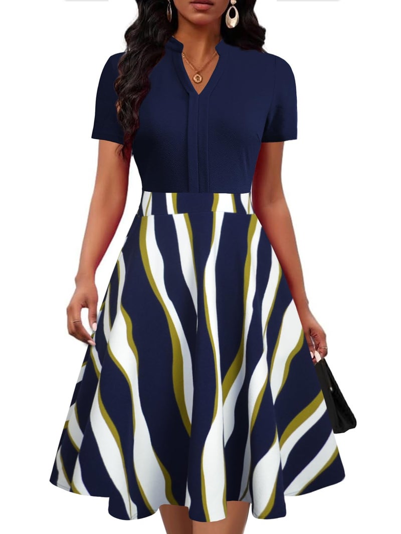 Business Dresses for Women Summer Short Sleeve V Neck Fit and Flare High Waist Knee Length A Line Swing Vintage Wear to Work Professional Office Brunch Church Dress with Pockets S