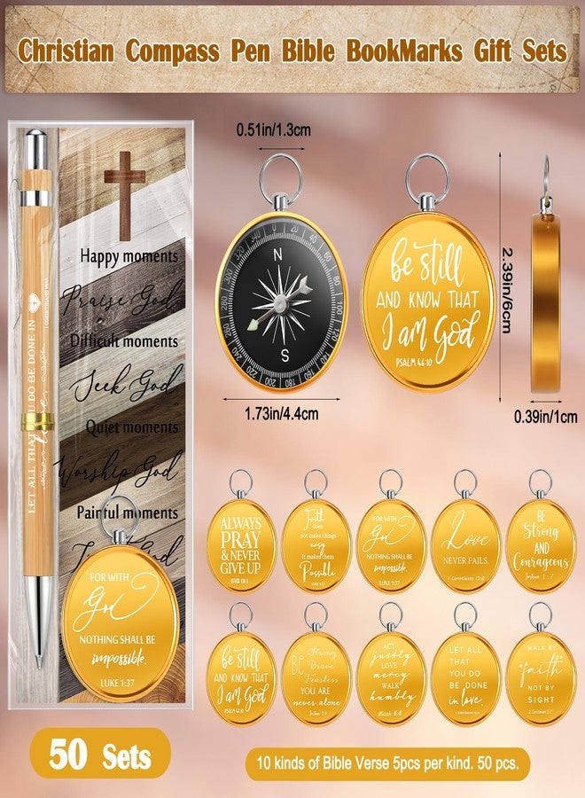 Spakon 50 Sets Father's Day Christian Gifts for Men Religious Bamboo Pens Bible Verse Bookmarks Engraved Brass Compass Bible Quotes for Dad Pastors Church Gifts Party Favors - Image 2