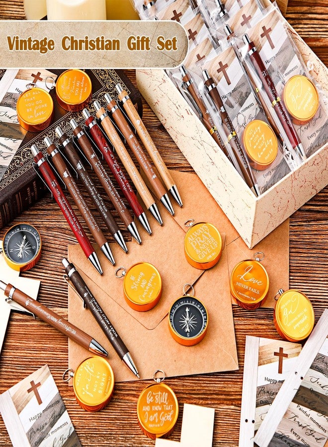Spakon 50 Sets Father's Day Christian Gifts for Men Religious Bamboo Pens Bible Verse Bookmarks Engraved Brass Compass Bible Quotes for Dad Pastors Church Gifts Party Favors - Image 4