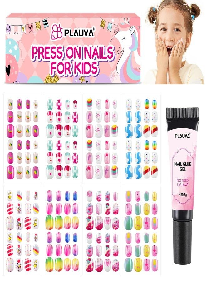Plauva 192 Pieces Press on Nails for Kids, 8 Children Styles Fake Nails for Kids Teenager Girls 8-12 Years Full Cover Acrylic Press on Nails with Nail Glue and Adhesive Tabs - Image 1