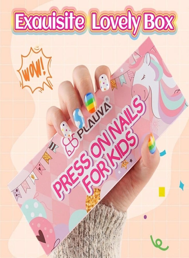 Plauva 192 Pieces Press on Nails for Kids, 8 Children Styles Fake Nails for Kids Teenager Girls 8-12 Years Full Cover Acrylic Press on Nails with Nail Glue and Adhesive Tabs - Image 2