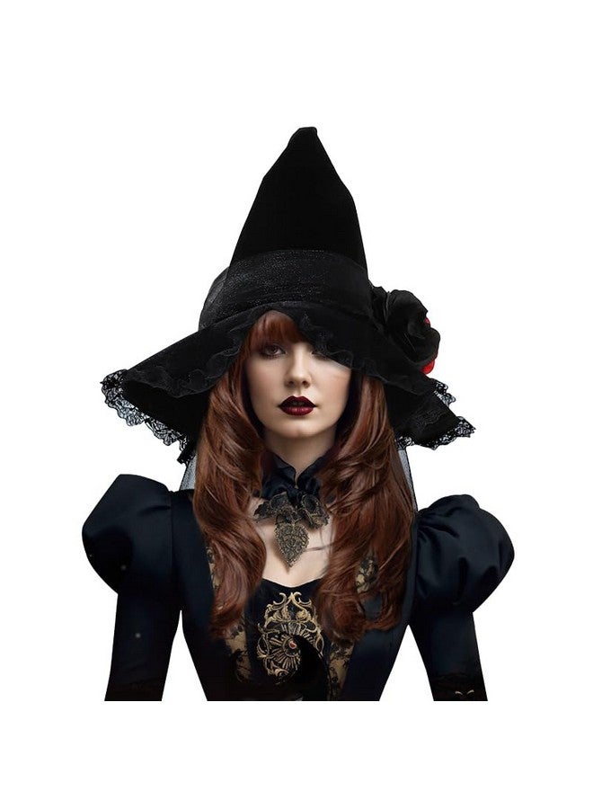 جيسن قبعة ساحرة الهالوين من JISEN، قبعة ساحرة سوداء للنساء البالغات، قبعة ساحرة شريرة، إكسسوار زي قبعة ساحرة مخملية قوطية مع حجاب لتزيين حفلات الهالوين - Image 1