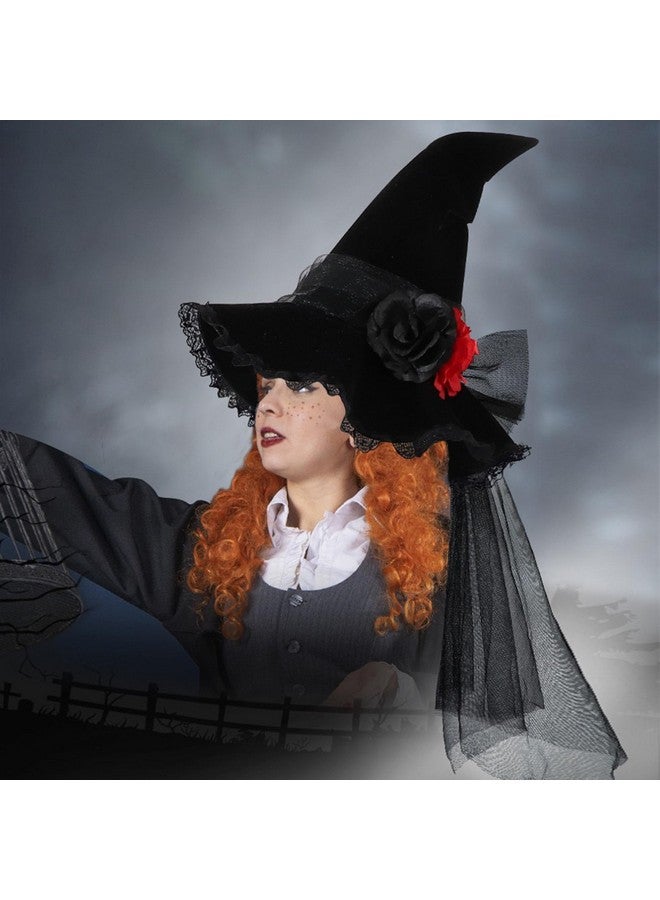 جيسن قبعة ساحرة الهالوين من JISEN، قبعة ساحرة سوداء للنساء البالغات، قبعة ساحرة شريرة، إكسسوار زي قبعة ساحرة مخملية قوطية مع حجاب لتزيين حفلات الهالوين - Image 2
