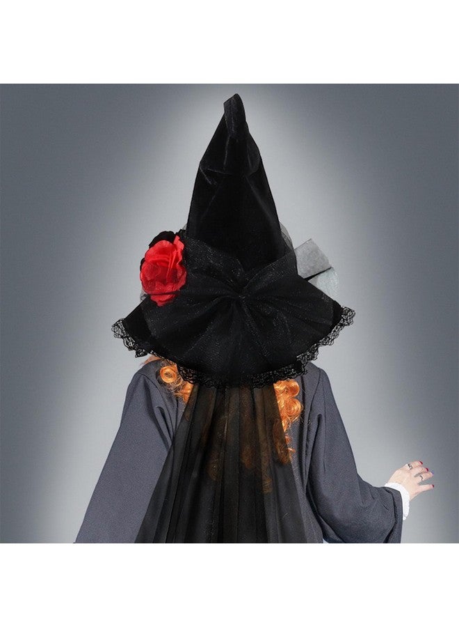 جيسن قبعة ساحرة الهالوين من JISEN، قبعة ساحرة سوداء للنساء البالغات، قبعة ساحرة شريرة، إكسسوار زي قبعة ساحرة مخملية قوطية مع حجاب لتزيين حفلات الهالوين - Image 3