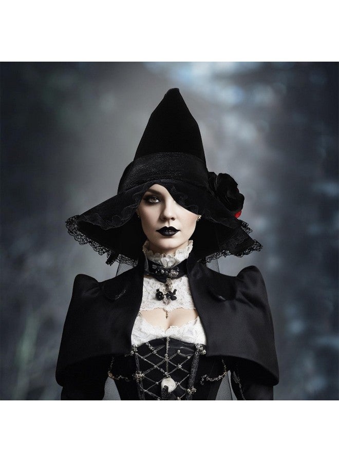 جيسن قبعة ساحرة الهالوين من JISEN، قبعة ساحرة سوداء للنساء البالغات، قبعة ساحرة شريرة، إكسسوار زي قبعة ساحرة مخملية قوطية مع حجاب لتزيين حفلات الهالوين - Image 4
