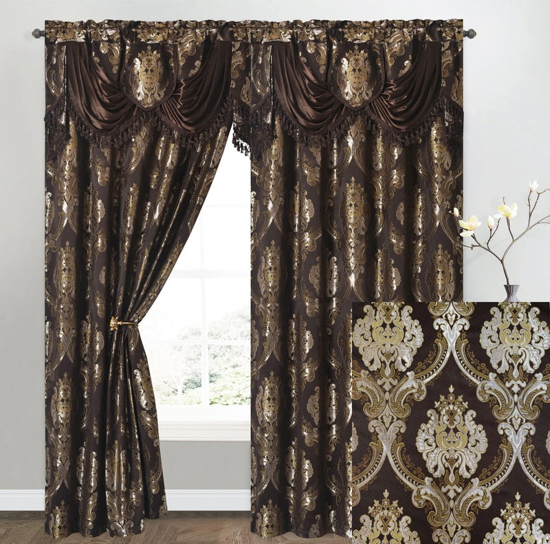 GOHD Luxe Love Jacquard Window Curtain Panel Drape with Attached Fancy Valance 2pcs Set Chocolate 54 Wide x 96 Drop with 18 Valance x 2pcs