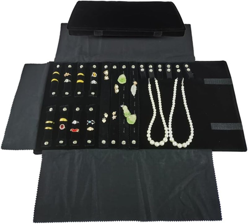 SCIKHEFT Velvet Travel Jewelry Case Roll Bag Organizer for Necklace Bracelet Earrings Ring (Black) (Black(4+2+2+6)) - Image 3
