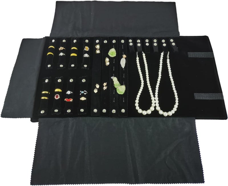 SCIKHEFT Velvet Travel Jewelry Case Roll Bag Organizer for Necklace Bracelet Earrings Ring (Black) (Black(4+2+2+6)) - Image 1