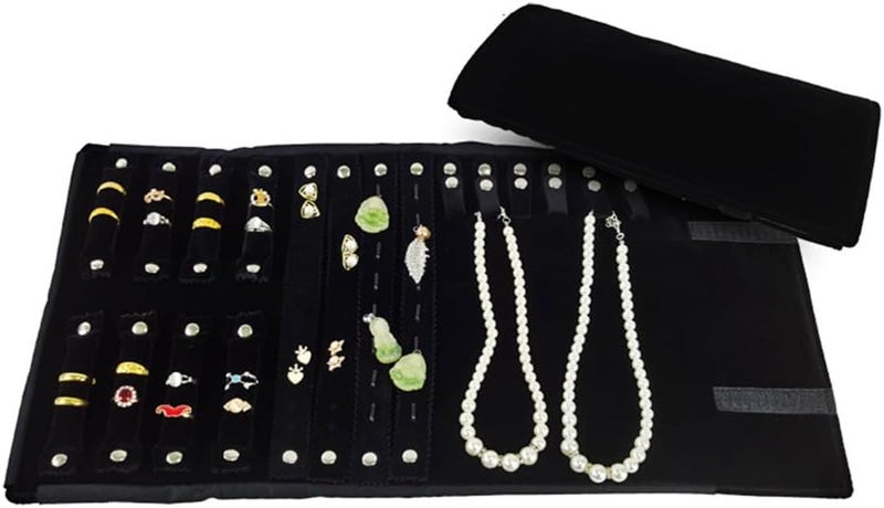 SCIKHEFT Velvet Travel Jewelry Case Roll Bag Organizer for Necklace Bracelet Earrings Ring (Black) (Black(4+2+2+6)) - Image 5