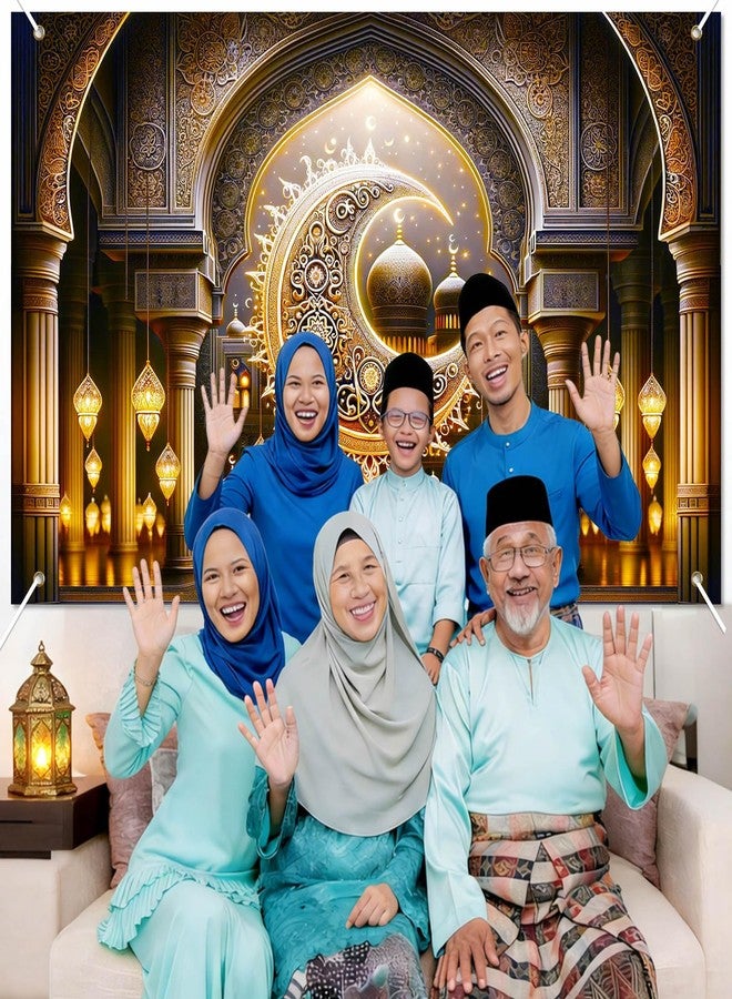 BlissYard Ramadan Backdrop Banner Eid Mubarak Theme Islamic Crescent Moon Mosque Lantern Decorations 71x43 Inch Gold Muslim Festival Backdrop for Indoor Outdoor Party Supplies Wall Decor - Image 4