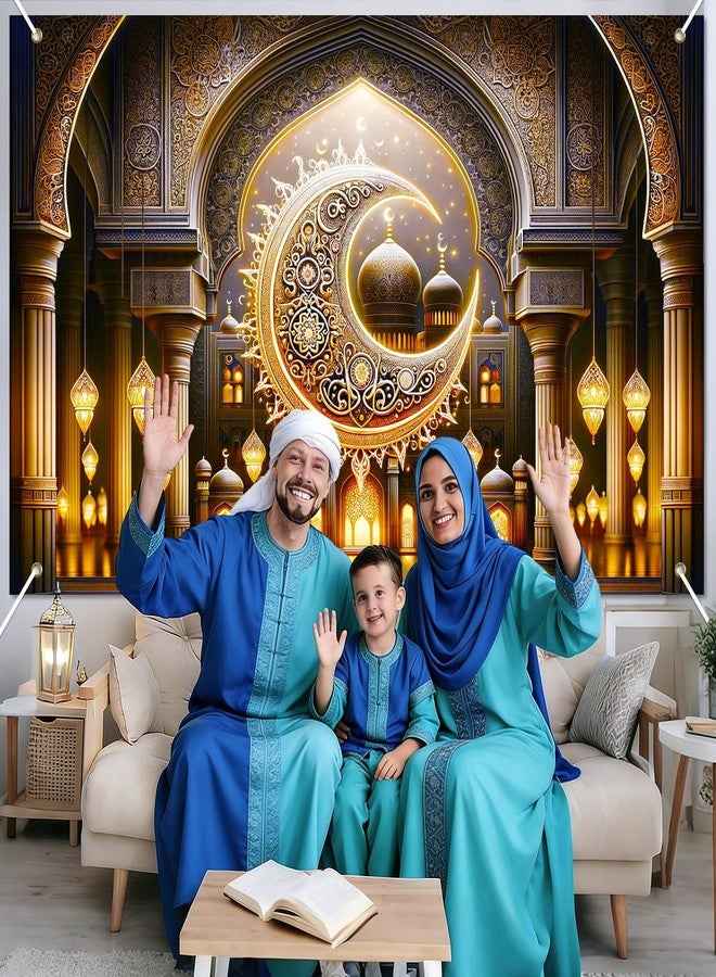 BlissYard Ramadan Backdrop Banner Eid Mubarak Theme Islamic Crescent Moon Mosque Lantern Decorations 71x43 Inch Gold Muslim Festival Backdrop for Indoor Outdoor Party Supplies Wall Decor - Image 2