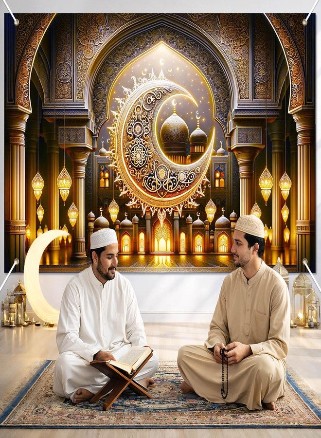 BlissYard Ramadan Backdrop Banner Eid Mubarak Theme Islamic Crescent Moon Mosque Lantern Decorations 71x43 Inch Gold Muslim Festival Backdrop for Indoor Outdoor Party Supplies Wall Decor - Image 3