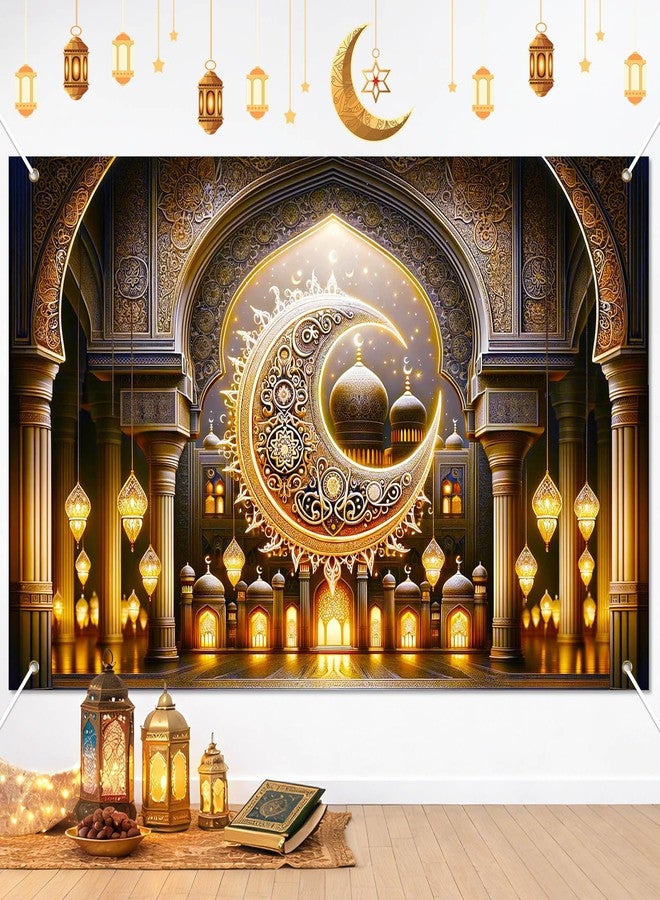 BlissYard Ramadan Backdrop Banner Eid Mubarak Theme Islamic Crescent Moon Mosque Lantern Decorations 71x43 Inch Gold Muslim Festival Backdrop for Indoor Outdoor Party Supplies Wall Decor - Image 1