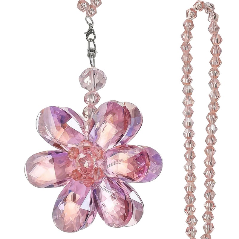 Chiorgone Pink Crystal Flower Car Charm for Women Feng Shui Rearview Mirror Hanging Ornament Crystal Bead Auto Interior Decor - Image 3