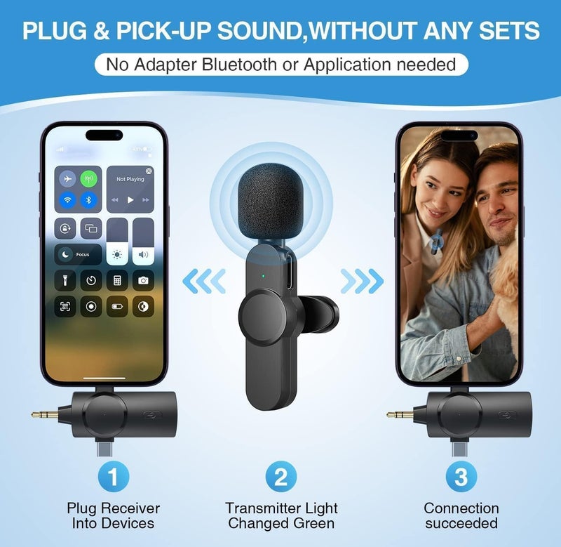 ZINGYOU Dual Wireless Lavalier Microphone Compatible for Any Smartphone Camera Cordless Double Mics Plug-Play Built-in Noise Reduction Chip 7H Long Time for Two-Person Creator - Image 3