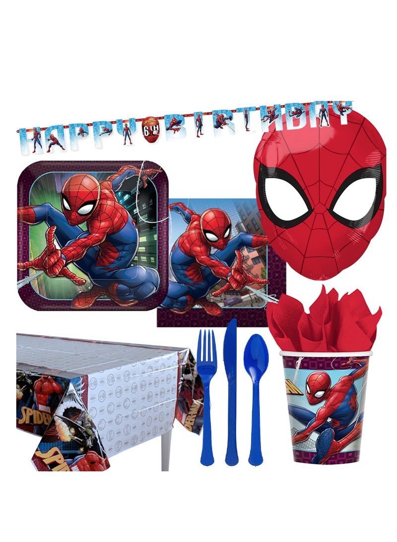 Amscan Spiderman, 59 Piece Tableware Supplies, Includes Napkins, Plates, Cups, Cutlery, Tablecover, Banner And Balloon, Multicolor, For 8 Guests - Image 1