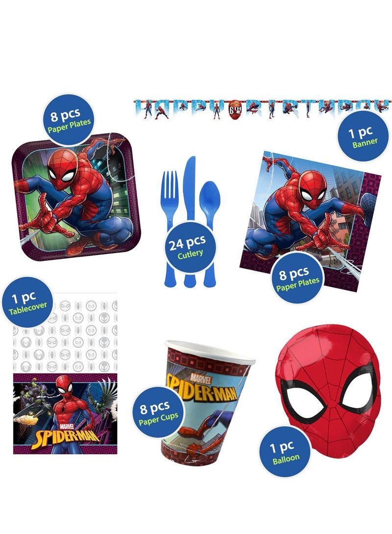 Amscan Spiderman, 59 Piece Tableware Supplies, Includes Napkins, Plates, Cups, Cutlery, Tablecover, Banner And Balloon, Multicolor, For 8 Guests - Image 3