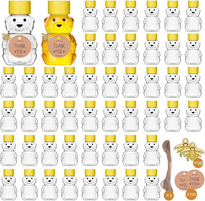 Barafat 50 Pack Plastic Honey Bear Bottles Jars, 2 oz Honey Bear Cup with Lids Mini Bear Shape Empty Honey Bear Bottle Honey Containers Bulk Jam Juice Candy for Wedding Gifts Baby Shower Favors - Image 1