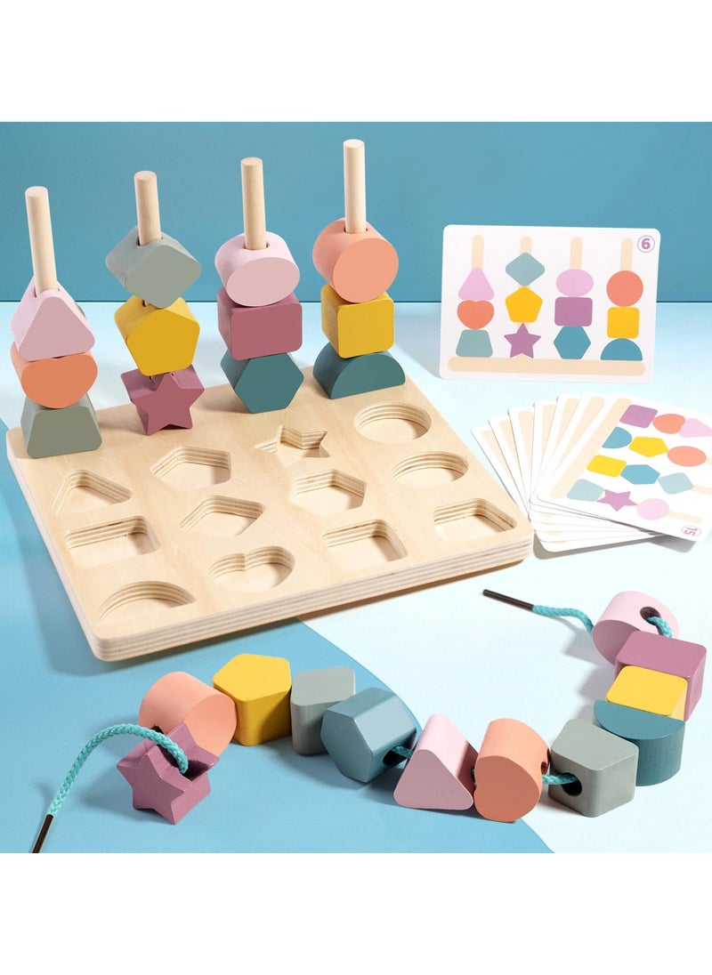 3 in 1 Wooden Color Sorting Stacking Toys, Montessori Wooden Beads Sequencing Toy Set, Montessori Stem Fine Motor Skills for Toddlers, Preschool Learning Montessori Toys Gifts for Kids  - Image 2