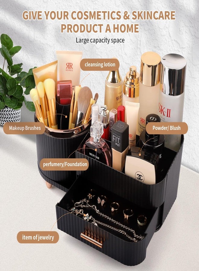 Molutsody Makeup Organizer for Vanity, 360° Rotating Cosmetics Organizer and Storage With Brush Holder and Drawers, Large Capacity Cosmetic Display Case, Cosmetic Organizer for Skincare (Black) - Image 5