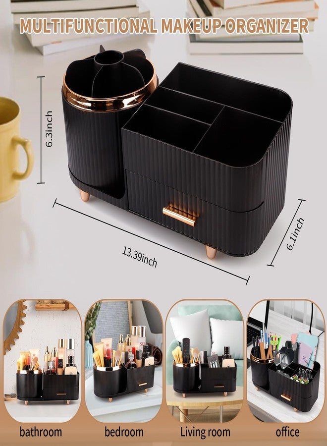 Molutsody Makeup Organizer for Vanity, 360° Rotating Cosmetics Organizer and Storage With Brush Holder and Drawers, Large Capacity Cosmetic Display Case, Cosmetic Organizer for Skincare (Black) - Image 3