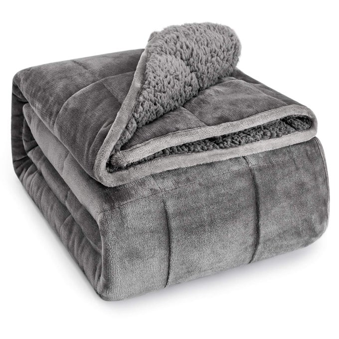SHERPA FLEECE WEIGHTED BLANKET FOR ADULT 15 LBS DUAL SIDED COZY FLUFFY HEAVY BLANKET ULTRA FUZZY THROW BLANKET WITH SOFT PLUSH FLANNEL TOP 48 X 72 INCHES GREY ON BOTH SIDES