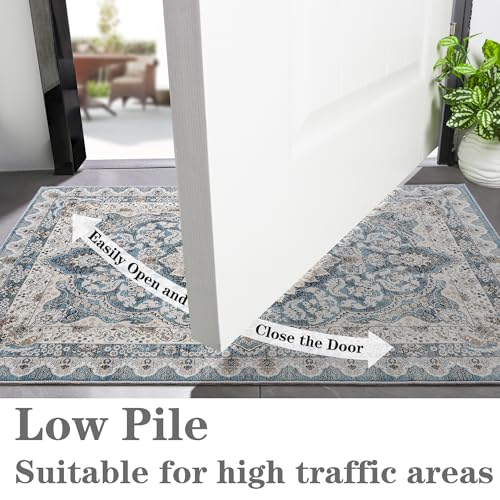 Foxmas Small Rugs for Entryway 2x3 Feet, Non-Slip Doormat Indoor Entrance Vintage Washable Area Rug, Low Pile Throw Rugs for Entryway Bedroom Kitchen Living Room, Blue - Image 3