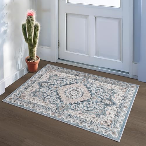 Foxmas Small Rugs for Entryway 2x3 Feet, Non-Slip Doormat Indoor Entrance Vintage Washable Area Rug, Low Pile Throw Rugs for Entryway Bedroom Kitchen Living Room, Blue - Image 1