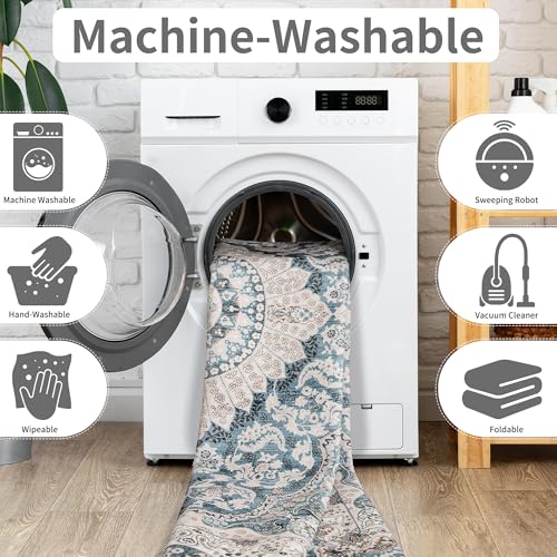 Foxmas Small Rugs for Entryway 2x3 Feet, Non-Slip Doormat Indoor Entrance Vintage Washable Area Rug, Low Pile Throw Rugs for Entryway Bedroom Kitchen Living Room, Blue - Image 4