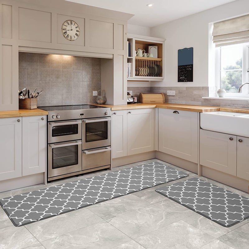 ZEMANIA طقم سجادات مطبخ مبطنة مضادة للإرهاق مكون من 2 قطعة، سجادات ومفارش مطبخ مقاومة للماء وغير قابلة للانزلاق، سجادات من PVC الثقيلة مريحة من الفوم ergonomics للمطبخ، الأرضية المنزلية، المكتب، الحوض - Image 1