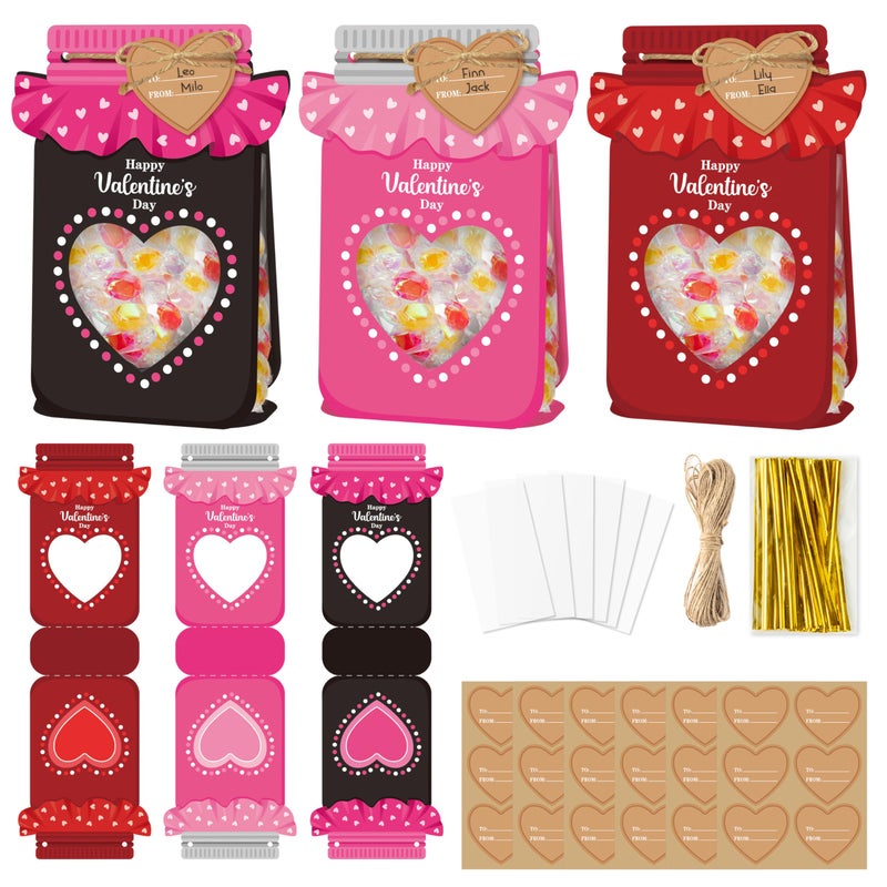 B1ykin Valentine's Day Mason Jar Candy Bags - 36 Sets DIY 3D Candy Holder Goodie Treat Bags with Clear Window Name Tags Cards, Valentines Exchange Gifts, Classroom Party Favor for Kids (Heart 2) - Image 1
