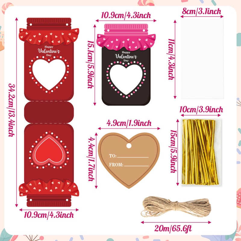 B1ykin Valentine's Day Mason Jar Candy Bags - 36 Sets DIY 3D Candy Holder Goodie Treat Bags with Clear Window Name Tags Cards, Valentines Exchange Gifts, Classroom Party Favor for Kids (Heart 2) - Image 2
