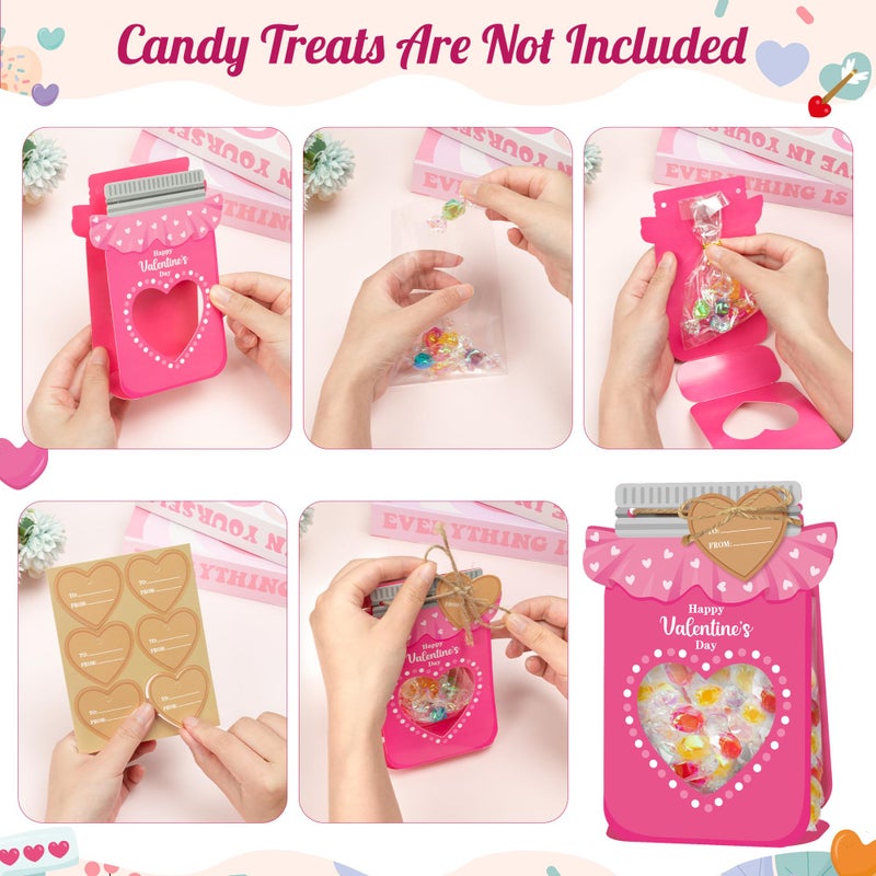 B1ykin Valentine's Day Mason Jar Candy Bags - 36 Sets DIY 3D Candy Holder Goodie Treat Bags with Clear Window Name Tags Cards, Valentines Exchange Gifts, Classroom Party Favor for Kids (Heart 2) - Image 3