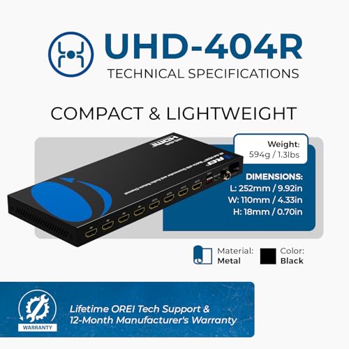 OREI 4K@60Hz 4×4 HDMI Matrix Switch with Downscaler & ARC, 18Gbps, HDCP 2.2, HDR, Audio Extraction (Optical & Analog), 4K-to-1080p Scaling, IR Remote (UHD-404R) - Image 5
