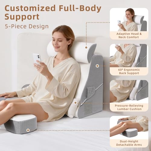 ESUERDO 5PCS Reading Pillow for Sitting in Bed Adult, 2 in 1 Foldable Back Wedge Pillow for Sleep, Ergonomic Back Support Pillow with Arms for Watching TV, Gaming, Working, Recovery, 19” White/Grey - Image 4