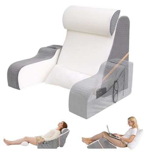ESUERDO 5PCS Reading Pillow for Sitting in Bed Adult, 2 in 1 Foldable Back Wedge Pillow for Sleep, Ergonomic Back Support Pillow with Arms for Watching TV, Gaming, Working, Recovery, 19” White/Grey - Image 1