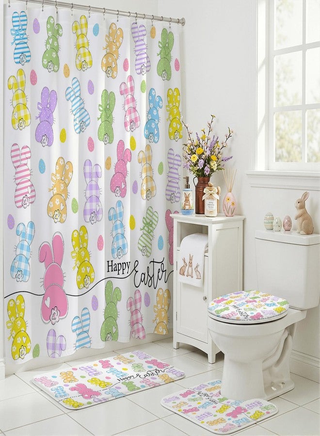 Mocsicka Easter Bunny Shower Curtain Set for Bathroom, 4Pcs Happy Easter Rabbit Bathroom Sets with Non Slip Rugs, Toilet Lid Cover, Bath Mat, Shower Curtain, Bathroom Decor with 12 Hooks - Image 1