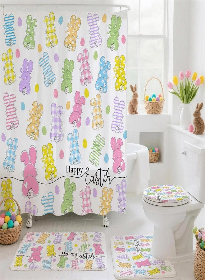 Mocsicka Easter Bunny Shower Curtain Set for Bathroom, 4Pcs Happy Easter Rabbit Bathroom Sets with Non Slip Rugs, Toilet Lid Cover, Bath Mat, Shower Curtain, Bathroom Decor with 12 Hooks - Image 2