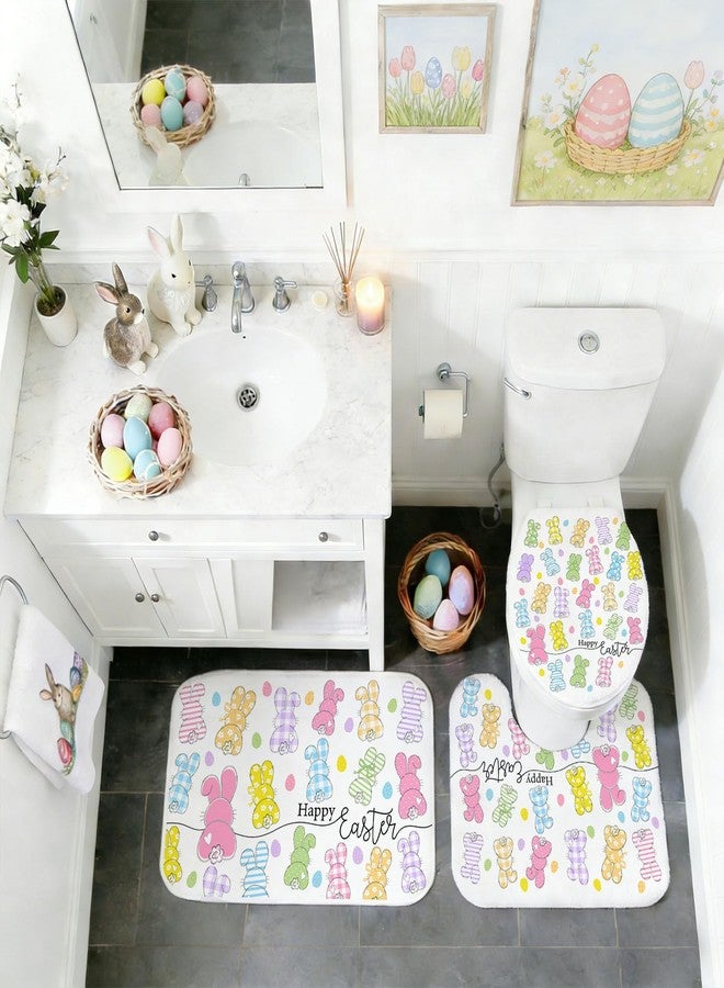 Mocsicka Easter Bunny Shower Curtain Set for Bathroom, 4Pcs Happy Easter Rabbit Bathroom Sets with Non Slip Rugs, Toilet Lid Cover, Bath Mat, Shower Curtain, Bathroom Decor with 12 Hooks - Image 4